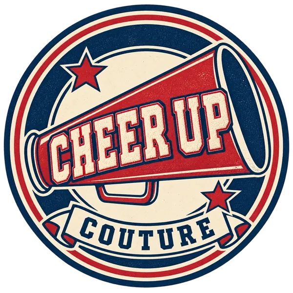 Cheer Up Couture logo: a red megaphone reading Cheer Up, with Couture on a banner, inside a navy and red circular badge with stars